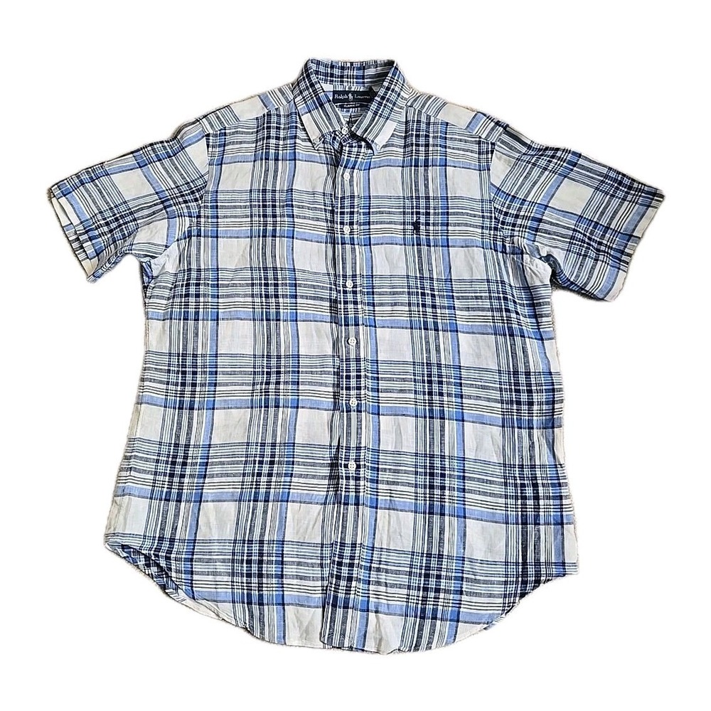 Polo Ralph Lauren 100% Linen Short Sleeve Blue / White Plaid Button Shirt Mens L